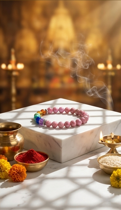 Three panels showing a colorful bracelet, bowls, and decorative items on a table with a warm, blurred background.