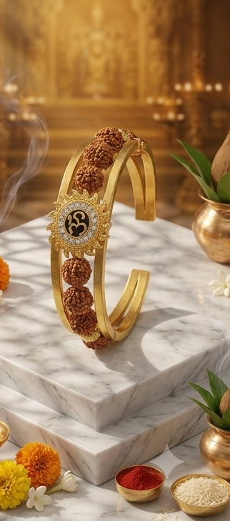 Collage of gold bracelets on marble surfaces with decorative elements.