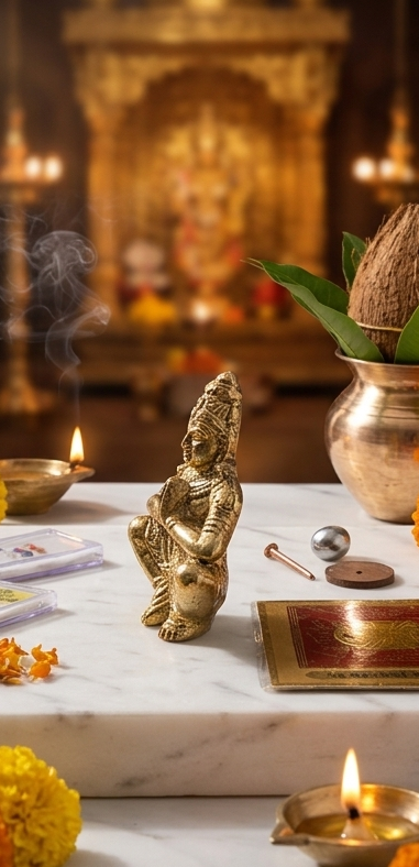 Collage of three images showing religious items and decorations on a marble surface with a blurred background.