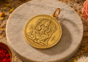 Gold pendant on a stone platform with decorative elements and a warm background