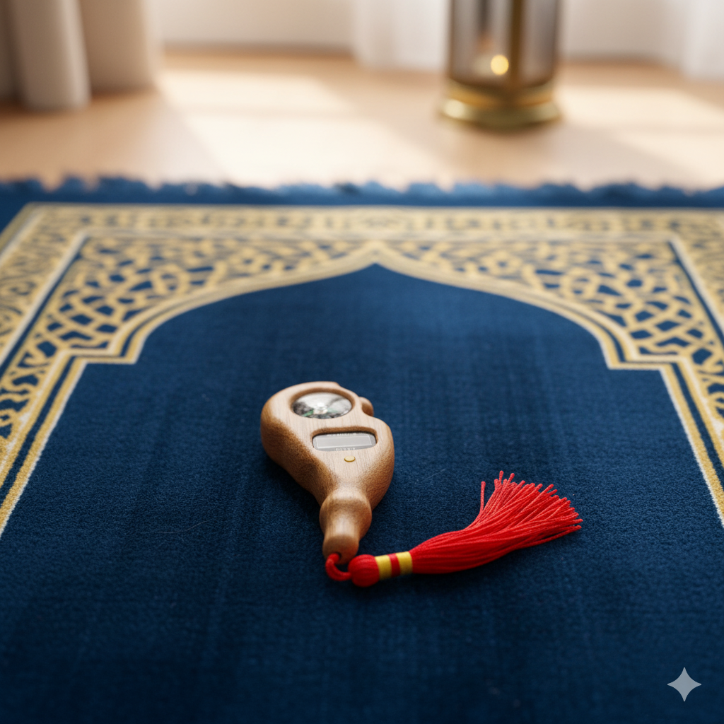 Decorative object with a red tassel on a blue prayer mat