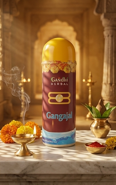 Three panels of a Gangajal bottle with a temple-like background