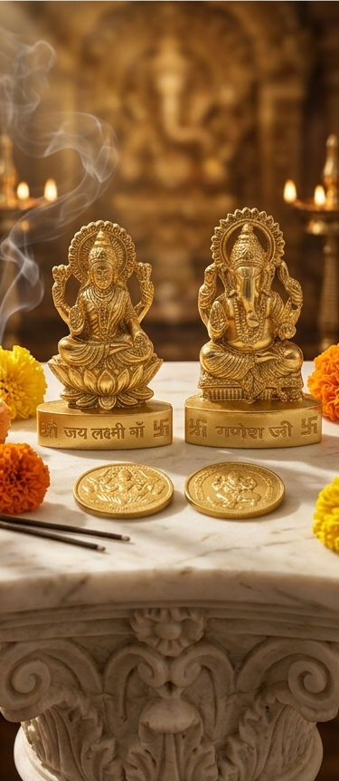 Triptych of images showing gold statues and offerings on a marble surface with a religious setting.