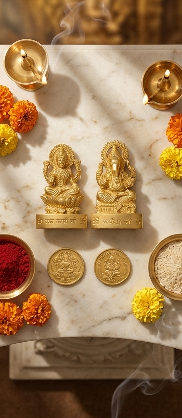 Triptych of images showing gold statues and offerings on a marble surface with a religious setting.