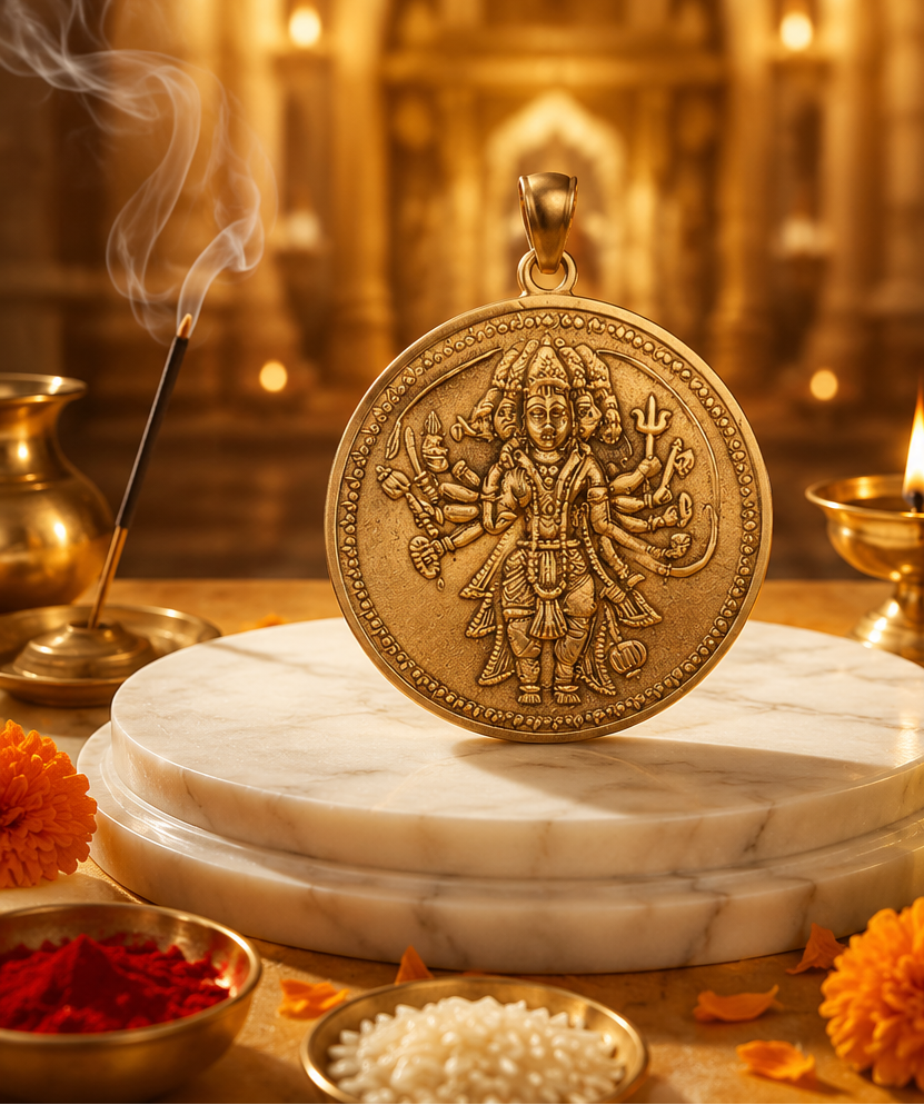 Gold pendant with intricate design on a marble stand with decorative elements.