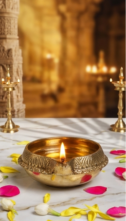 Three images of a gold lamp on a marble surface with flowers and candles in the background.