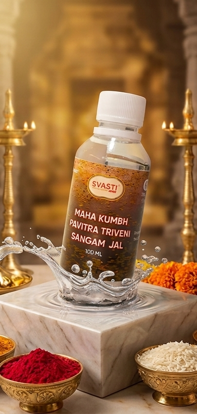 Swasti Maha Kumbh ritual products with religious significance on a decorated background