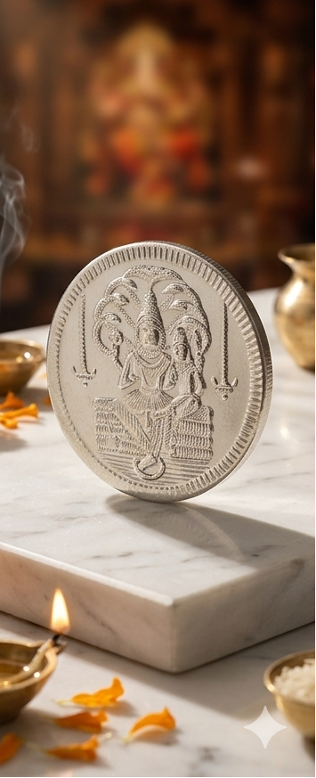 Silver coin with engraved design on a marble surface with decorative items.