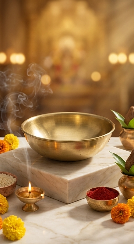 Three views of a gold singing bowl on a stone platform with decorative elements.