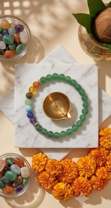 Collage of Svaasti Pooja Items including a bracelet and other decorative items on a marble surface with candles and marigold flowers.