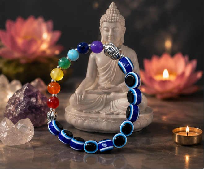 Colorful beaded bracelet on a marble surface with candles and flowers in the background
