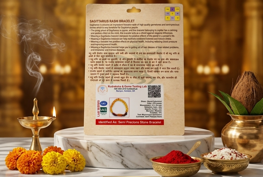 Svasti Pooja Items packaging with religious text and symbols on a decorative background