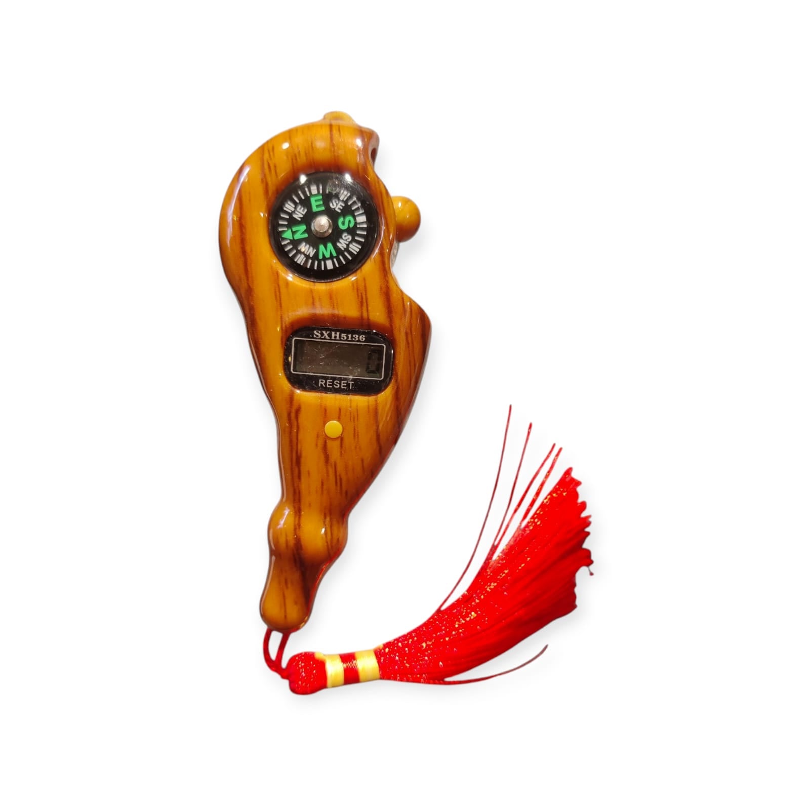 Wooden fishing lure with a red skirt on a white background