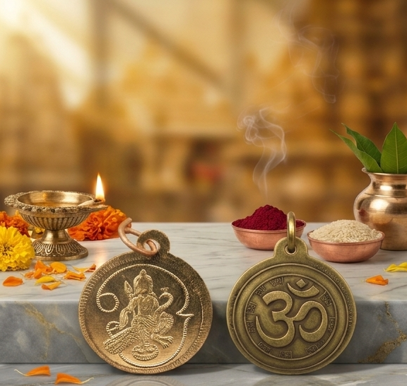 Collage of gold medallions with religious symbols on a decorative setting with flowers and candles.