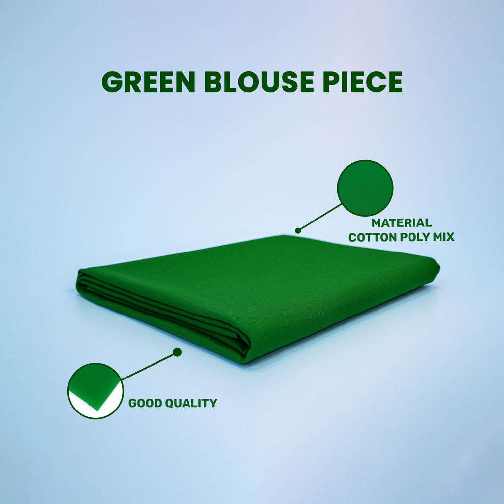 Folded green blouse piece with material and quality indicators on a light blue background