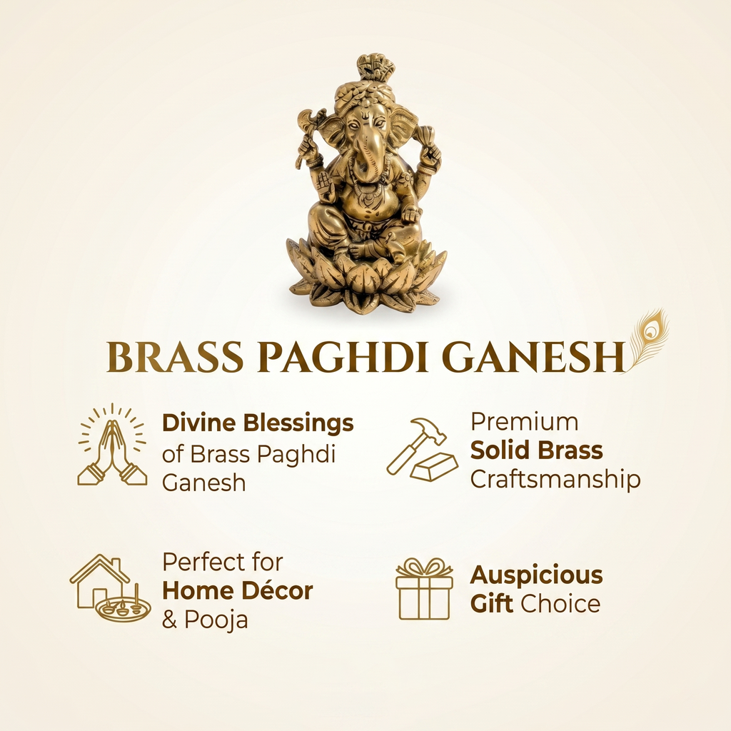 Brass Paghdi Ganesh statue with product features on a beige background