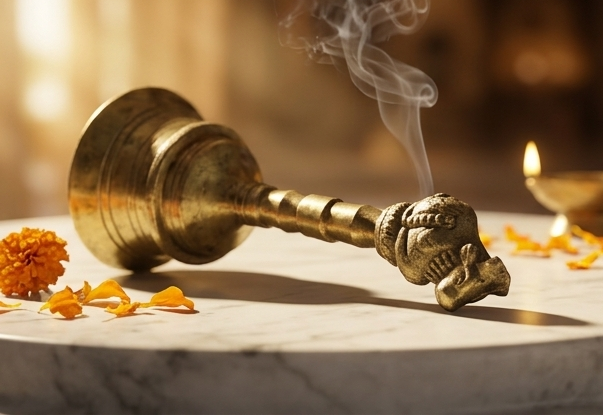 Brass bell on a marble surface with marigold flowers and a blurred background