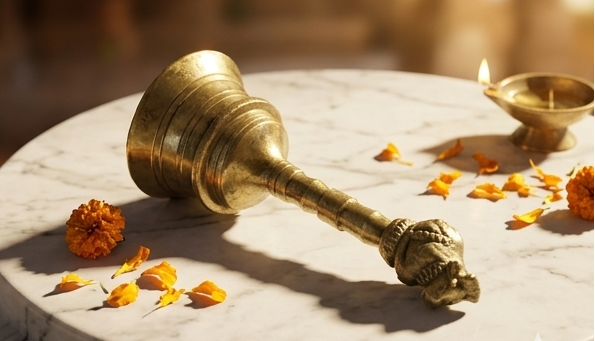 Brass bell on a marble surface with marigold flowers and a blurred background
