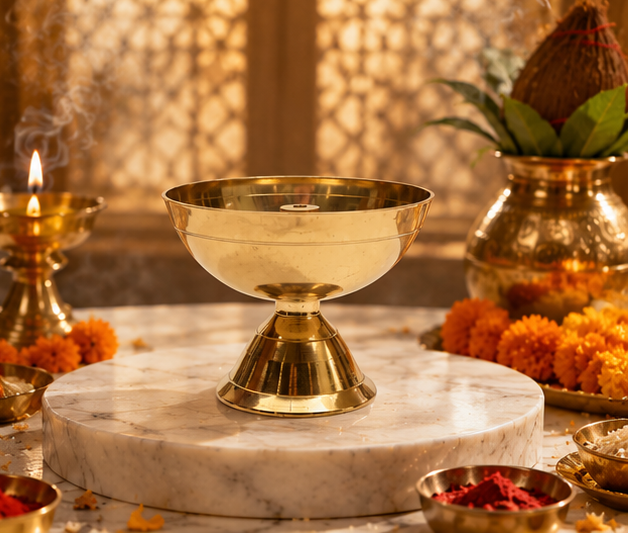 Collage of a gold ceremonial bowl on a marble surface with decorative elements.