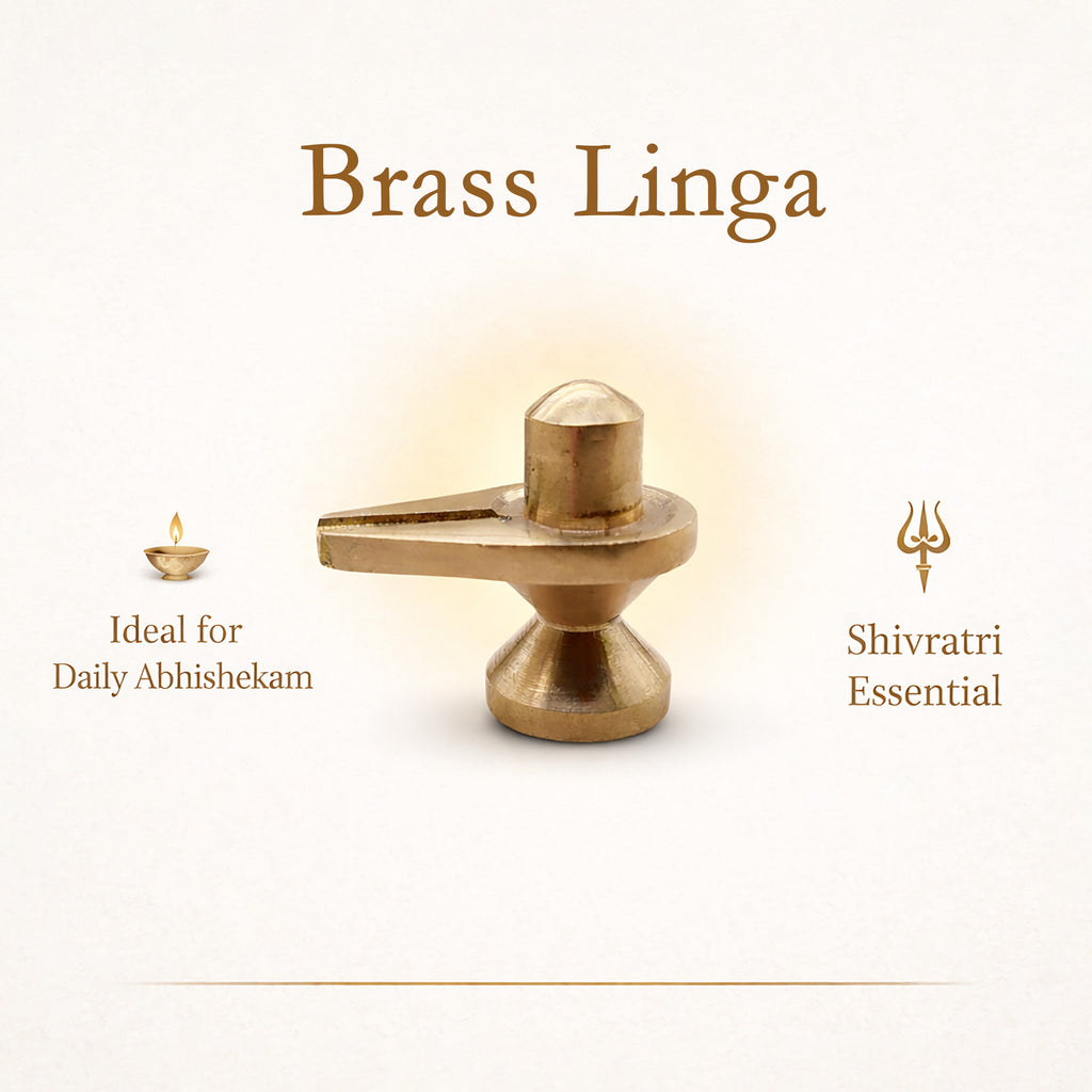 Brass Linga with text on a white background