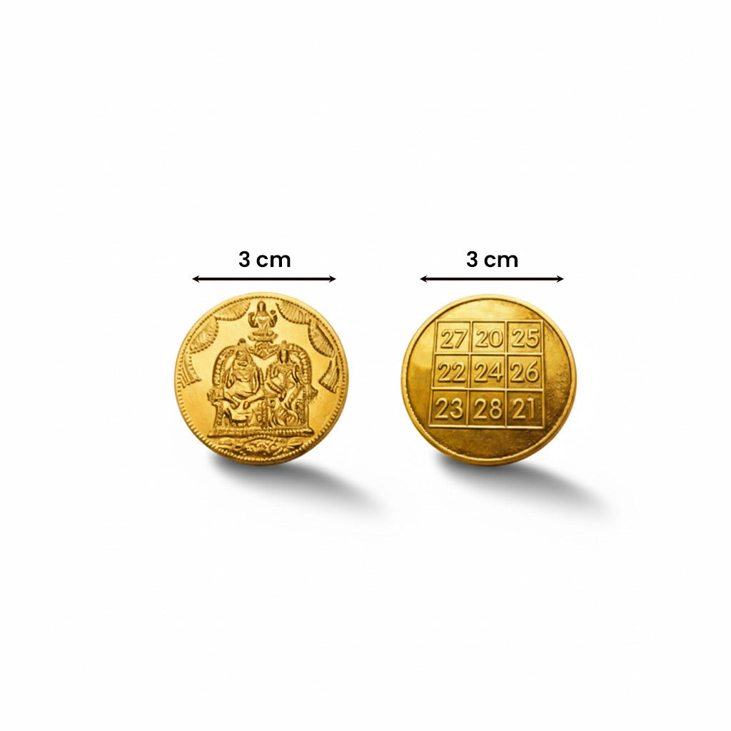 Two gold coin-shaped earrings shown side by side on a white background, with dimension arrows and labels indicating a width of 3 cm. One side features an embossed figure, and the other side features a grid of numbers from 21 to 25.