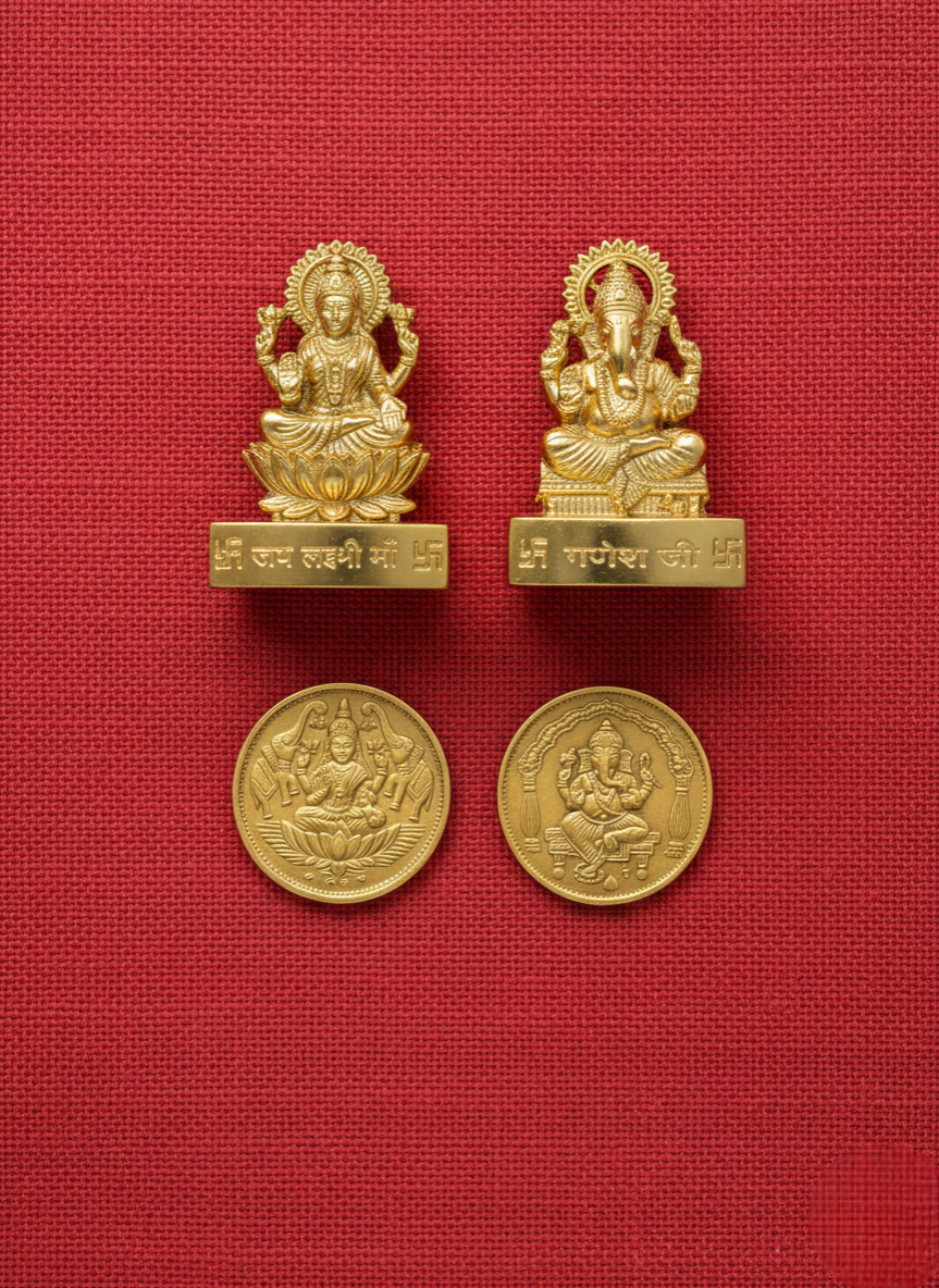Brass Ganesh and Lakshmi Idols and coins combo
