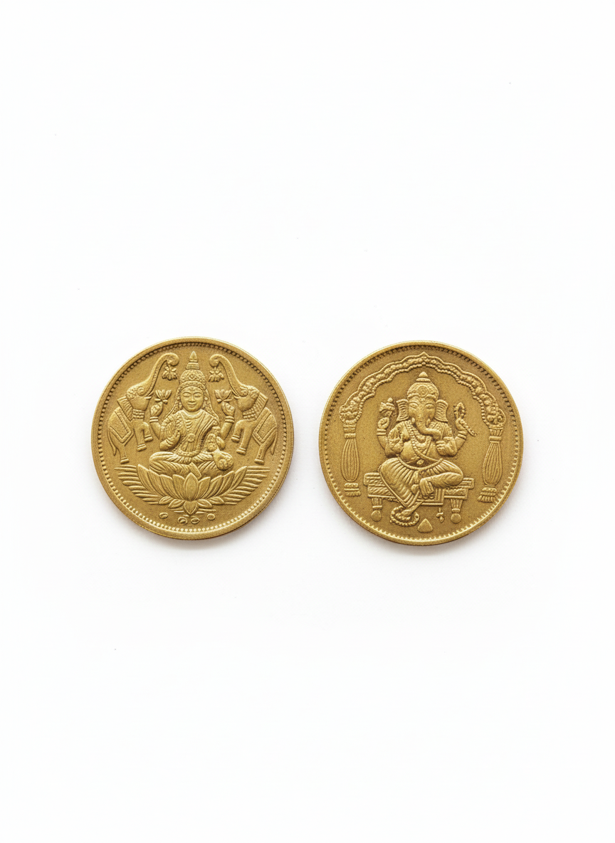 Brass Ganesh and Lakshmi Idols and coins combo