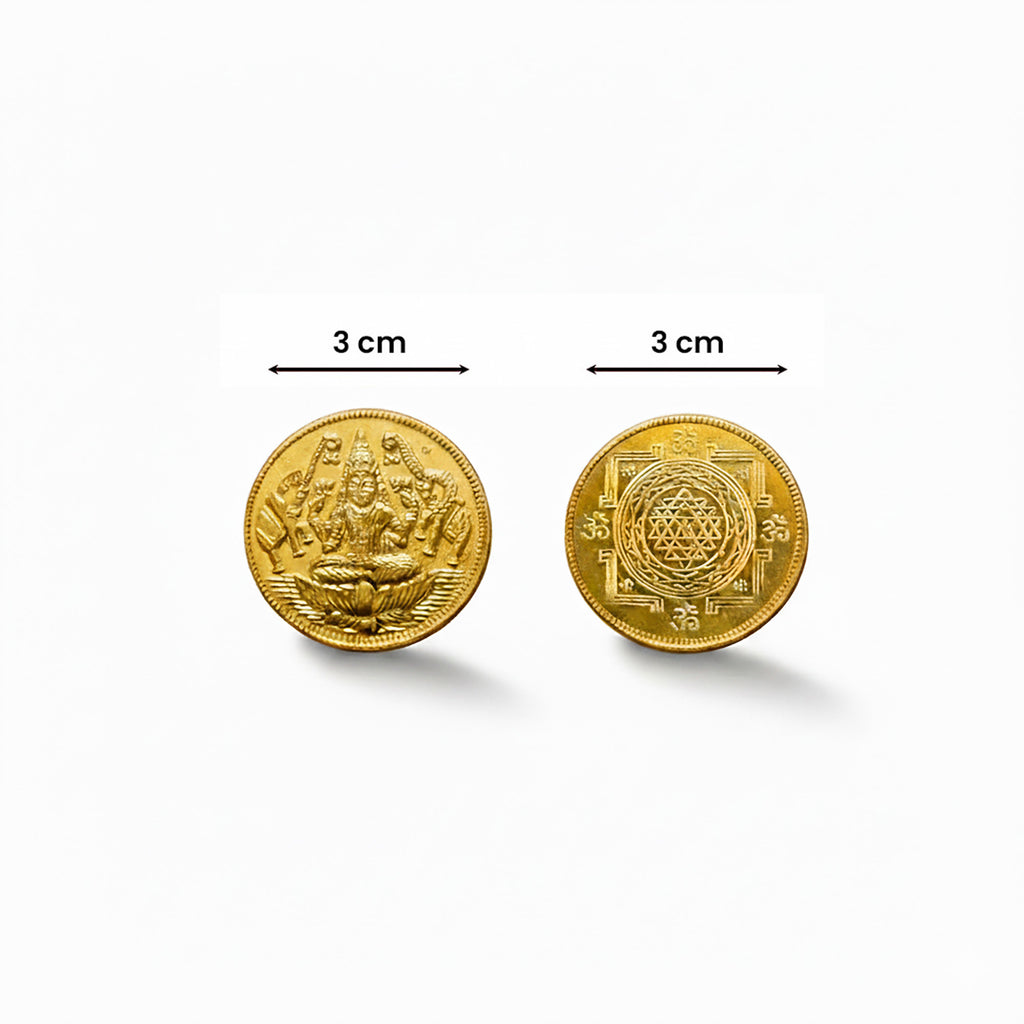 Two round gold-toned coin-style earrings or studs shown on a white background, with measurement arrows above each indicating 3 cm width. The left piece shows an embossed deity figure, and the right piece shows a geometric mandala design.
