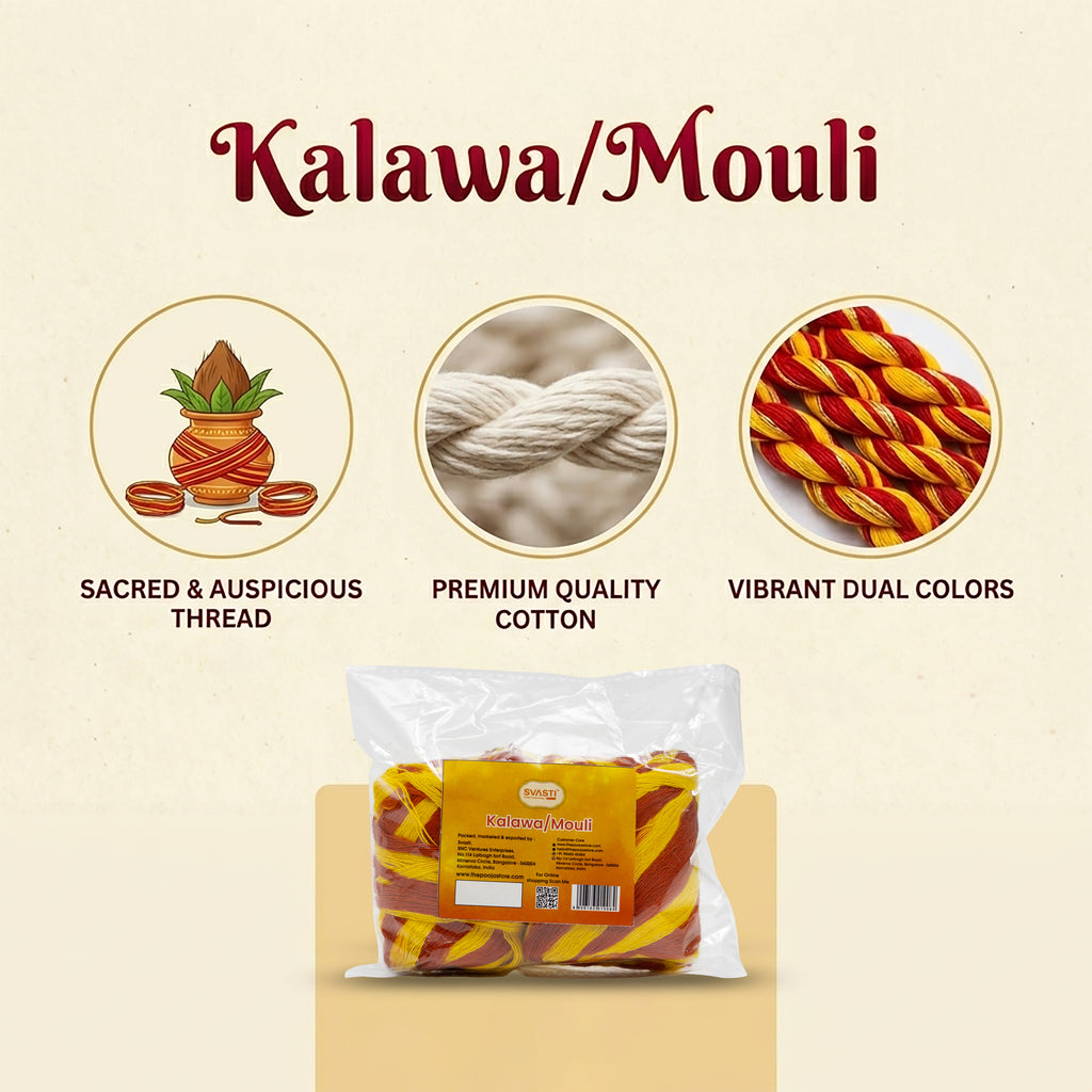 Packaged product with 'Kalawa/Mouli' branding, featuring images of sacred thread, cotton, and colorful strands.