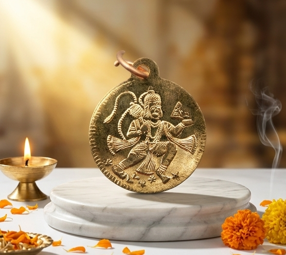 Collage of gold religious symbols on a decorative setting with candles and flowers.