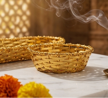 Traditional Designer Pooja Tray & Baskets Set (Gold)