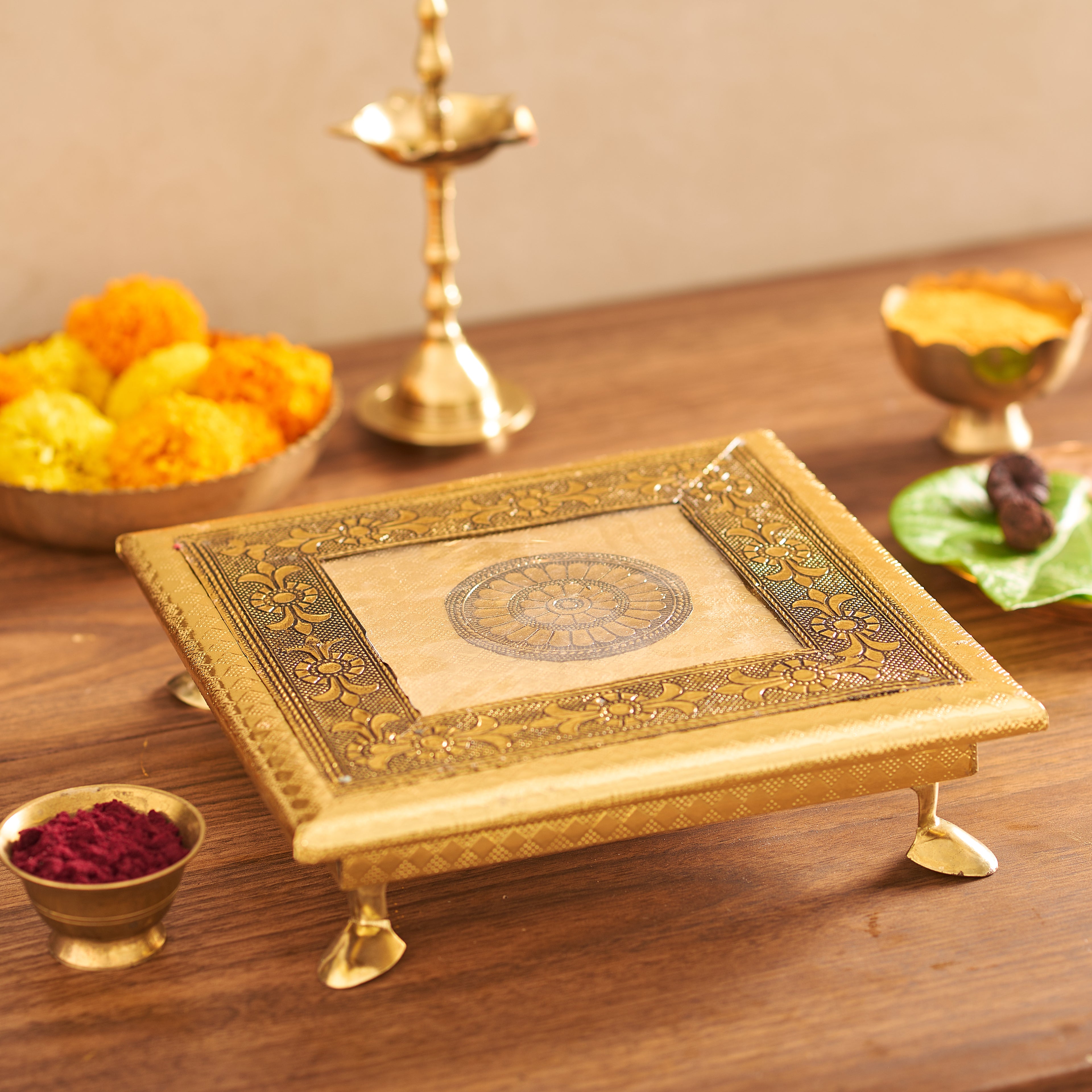 Pooja Chowki with Brass Sheet Embossing