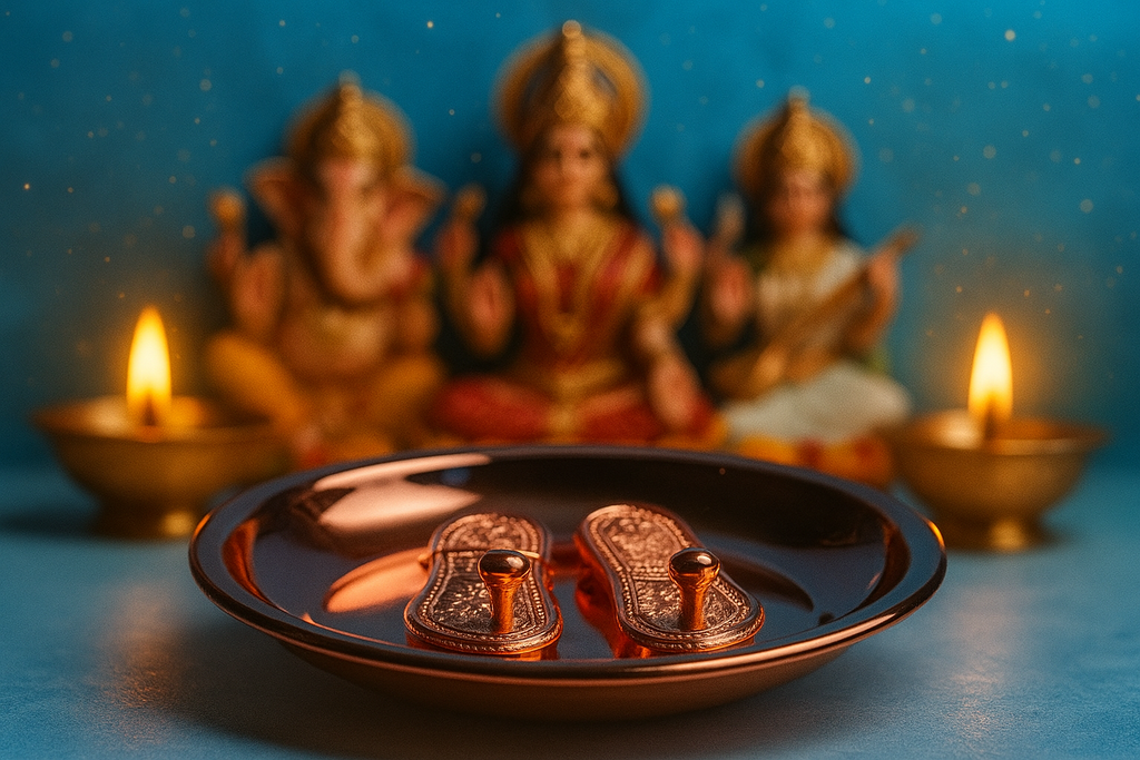 Decorative setting with神像, candles, and a plate with sandals on a blue background