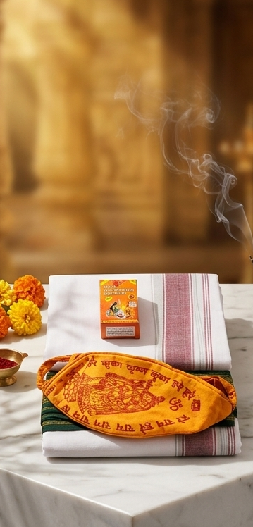 Decorative items on a marble surface with a warm, blurred background