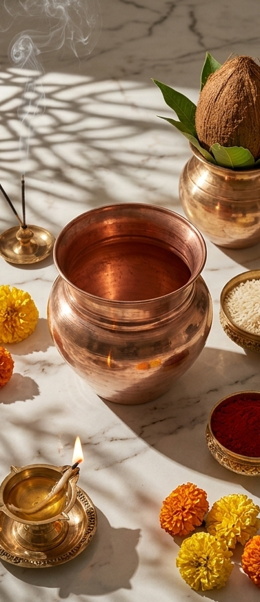 Copper pots and decorative items on a marble surface with a warm, blurred background.