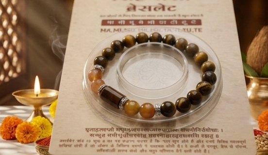 Bracelet with beads on a card with text and decorative elements