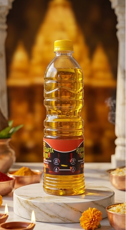 Three images of a bottle of cooking oil on a decorative setting with flowers and bowls.