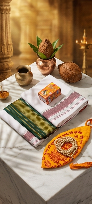 Decorative items including coconuts, a small shrine, and on a marble surface.