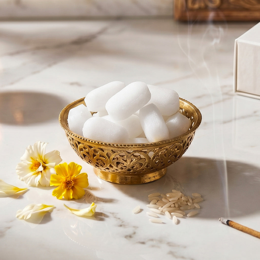 Decorative bowl with white stones on a marble surface with flowers and rice.