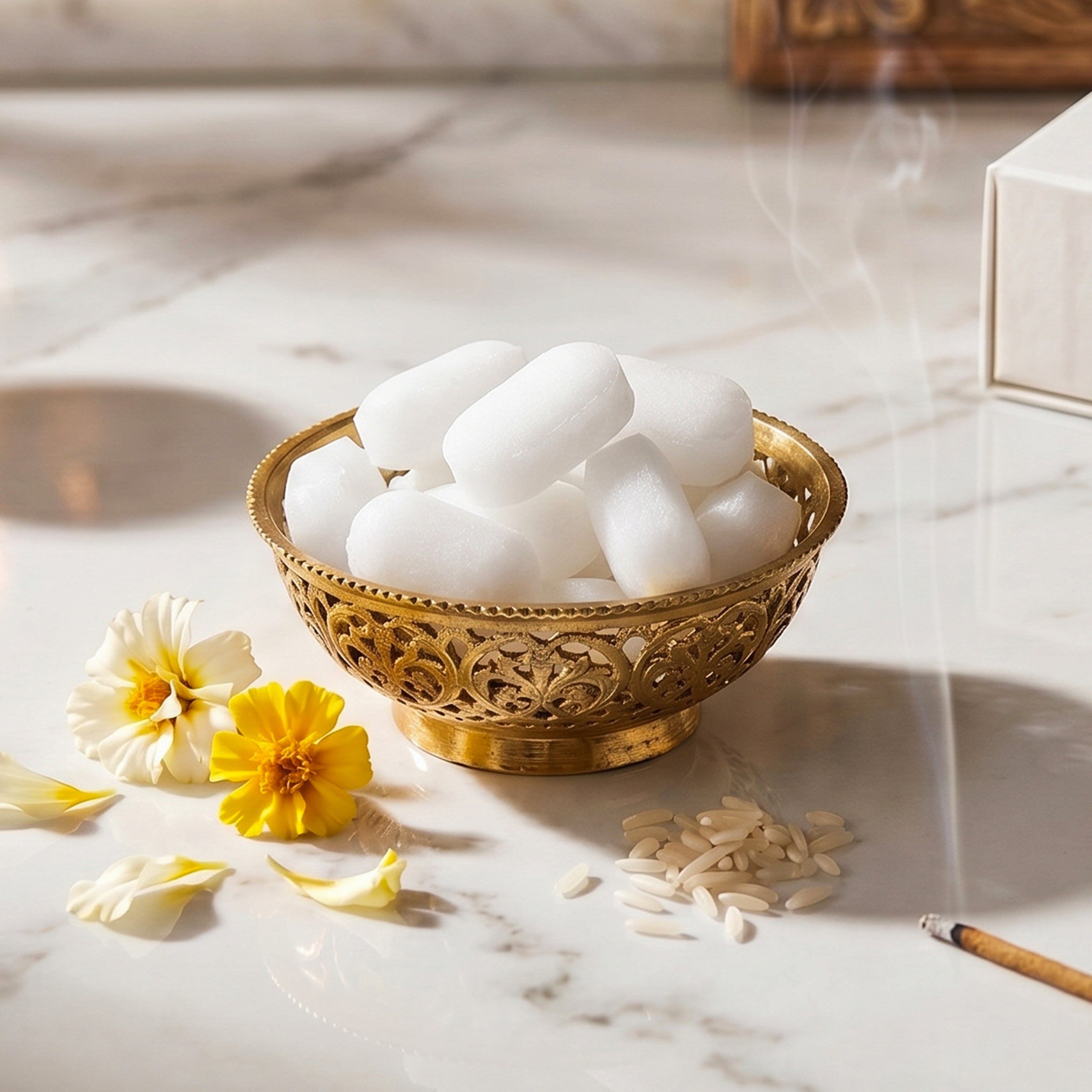 Decorative bowl with white stones on a marble surface with flowers and rice.