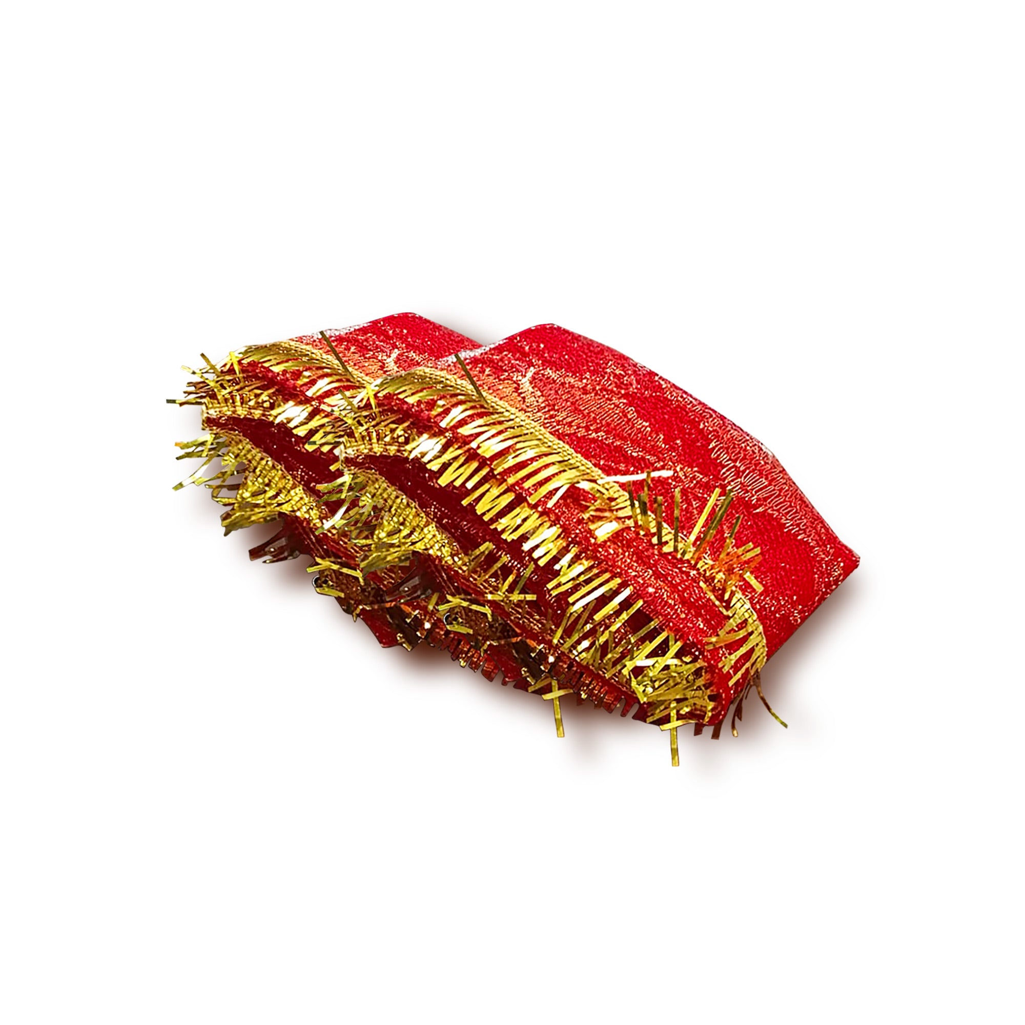 Red fabric with gold tinsel on a white background