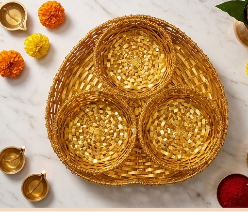 Collage of a woven golden basket on a marble surface with decorative elements.
