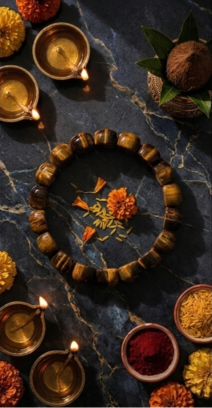 Three panels showing traditional Indian puja items on a dark surface with candles and flowers.
