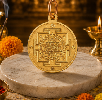 Gold pendant on a stone platform with decorative elements and a warm background