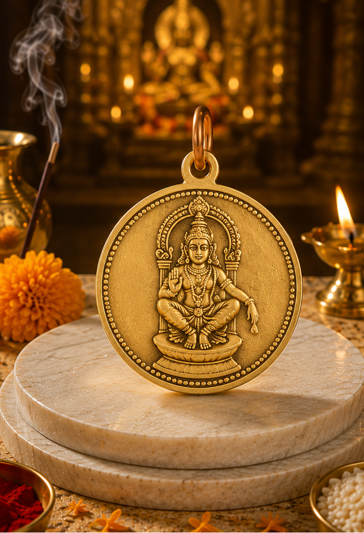 Gold pendant with religious figure on a stone platform, surrounded by decorative elements.