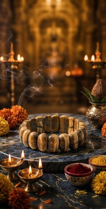 Three panels showing traditional Indian puja items on a dark surface with candles and flowers.
