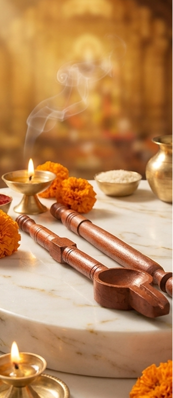 Decorative setup with wooden spoons, marigold flowers, and lit candles on a marble surface.