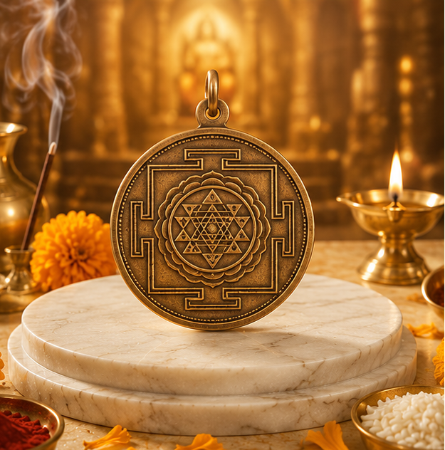 Collage of a gold pendant with intricate designs on a marble stand, surrounded by decorative items.