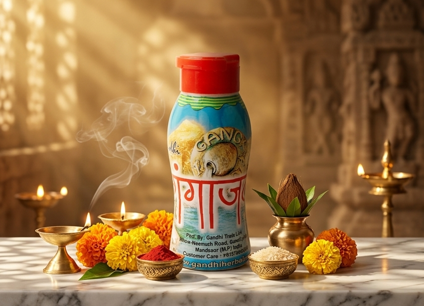 Colorful bottle with a red cap on a marble surface with flowers and candles, set against an ornate wall.