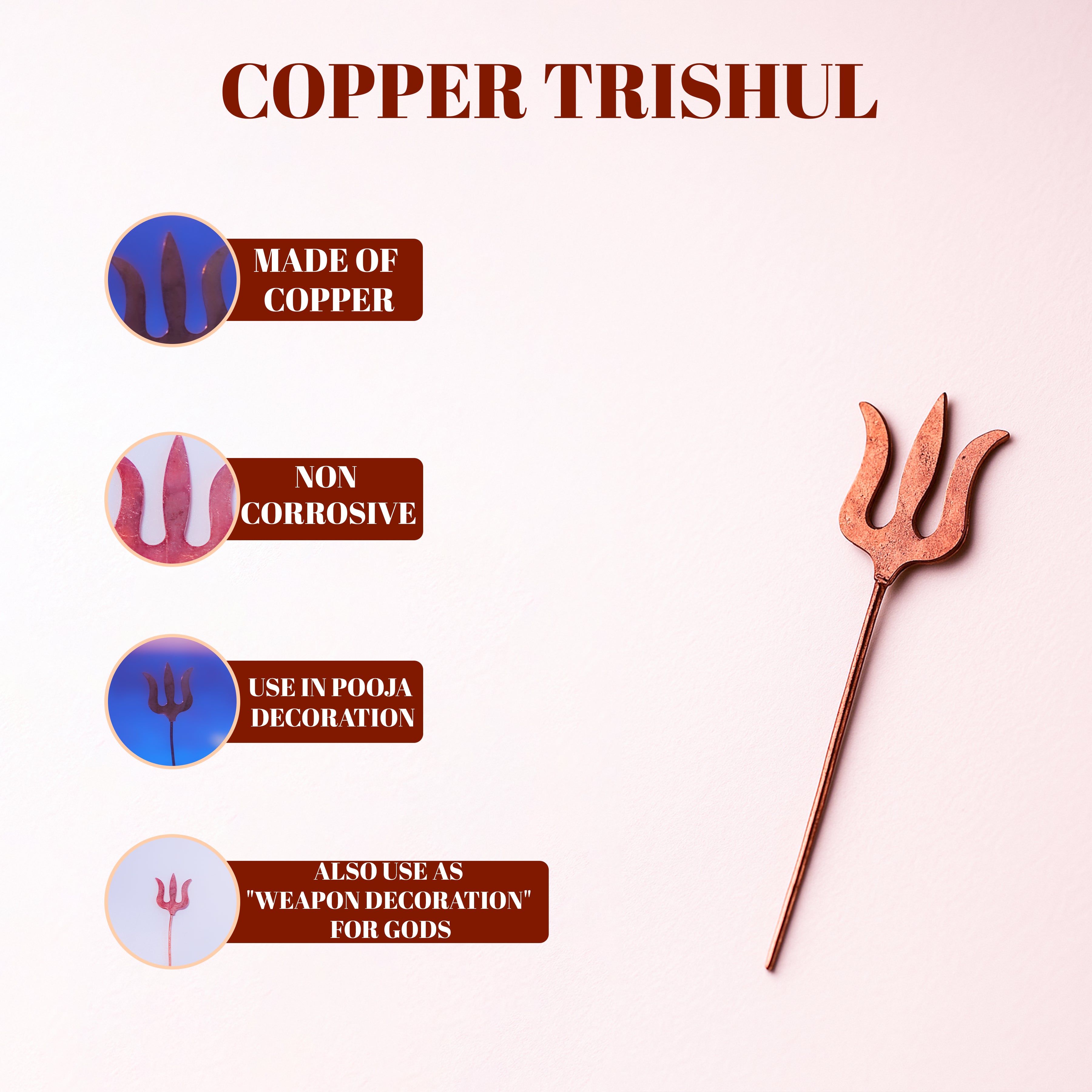 Copper trishul with features listed on a pink background